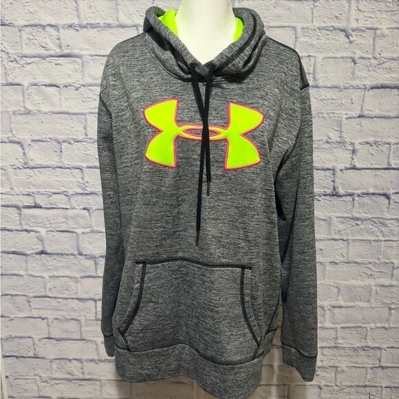 Under Armour Cold Gear Loose Fit Hoodie Gray Striped Fuscia Pink Pullover Sz L - Picture 1 of 10
